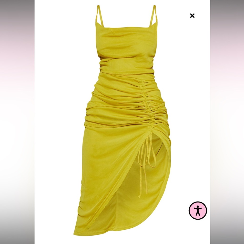Chartreuse Mesh Strappy Cowl Neck Ruched Skirt Midi Dress